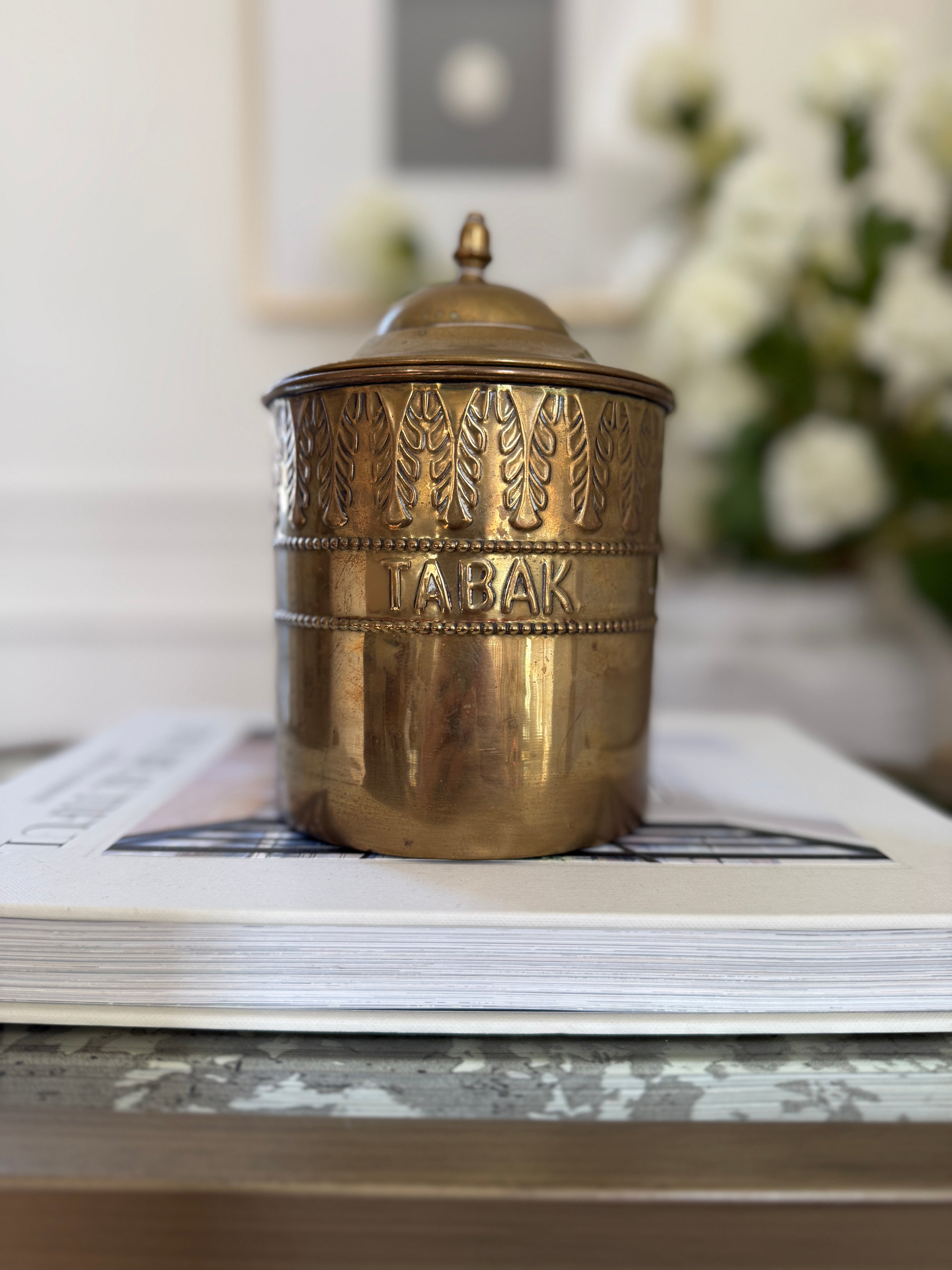 Antique C. Kurz & Co Brass Tobacco "Tabak" 6.5” Jar - Verdigris inside
