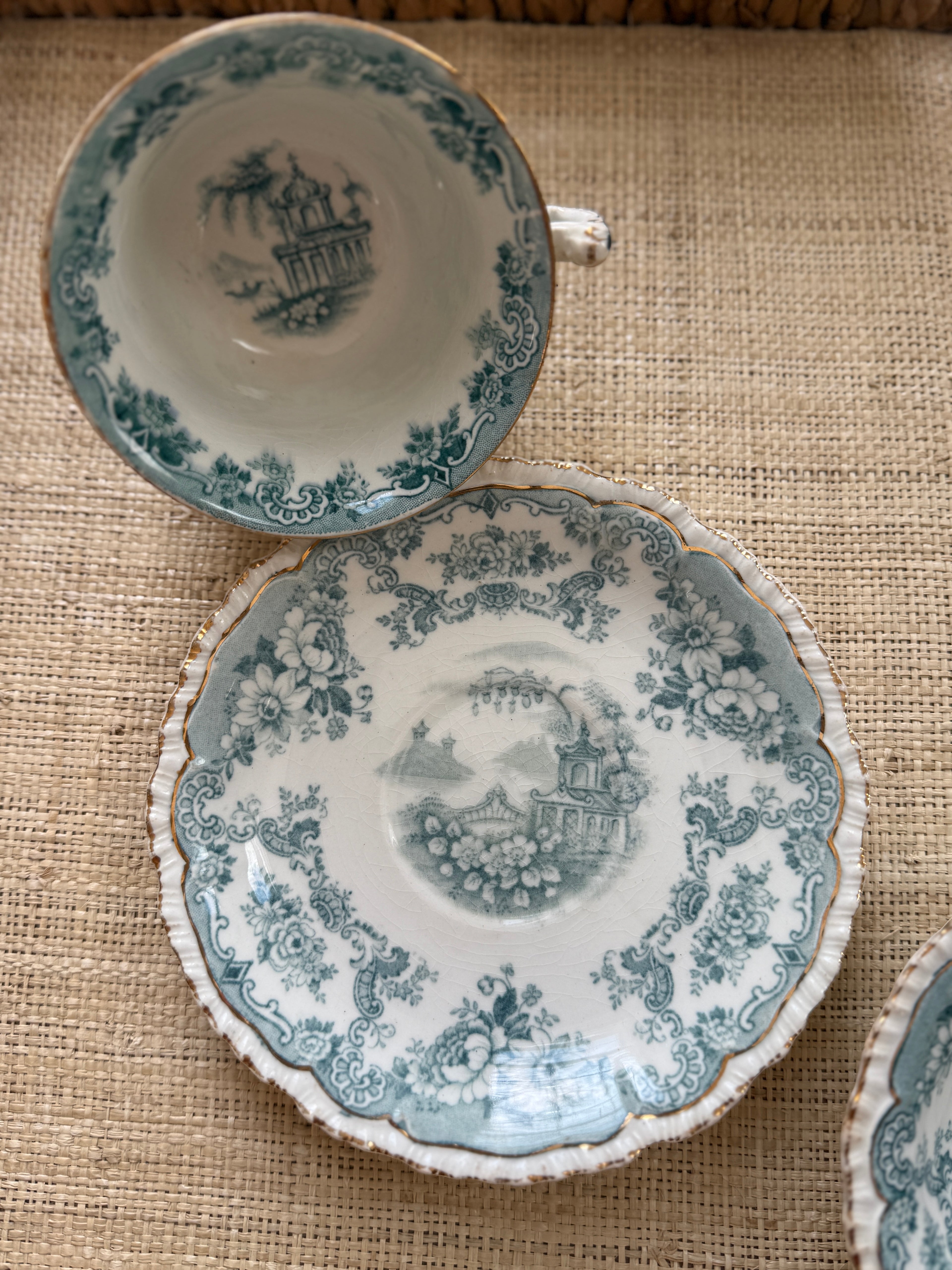 Antique John Maddock & Sons "Bombay" Blue Green Transferware Tea Cup & Saucer