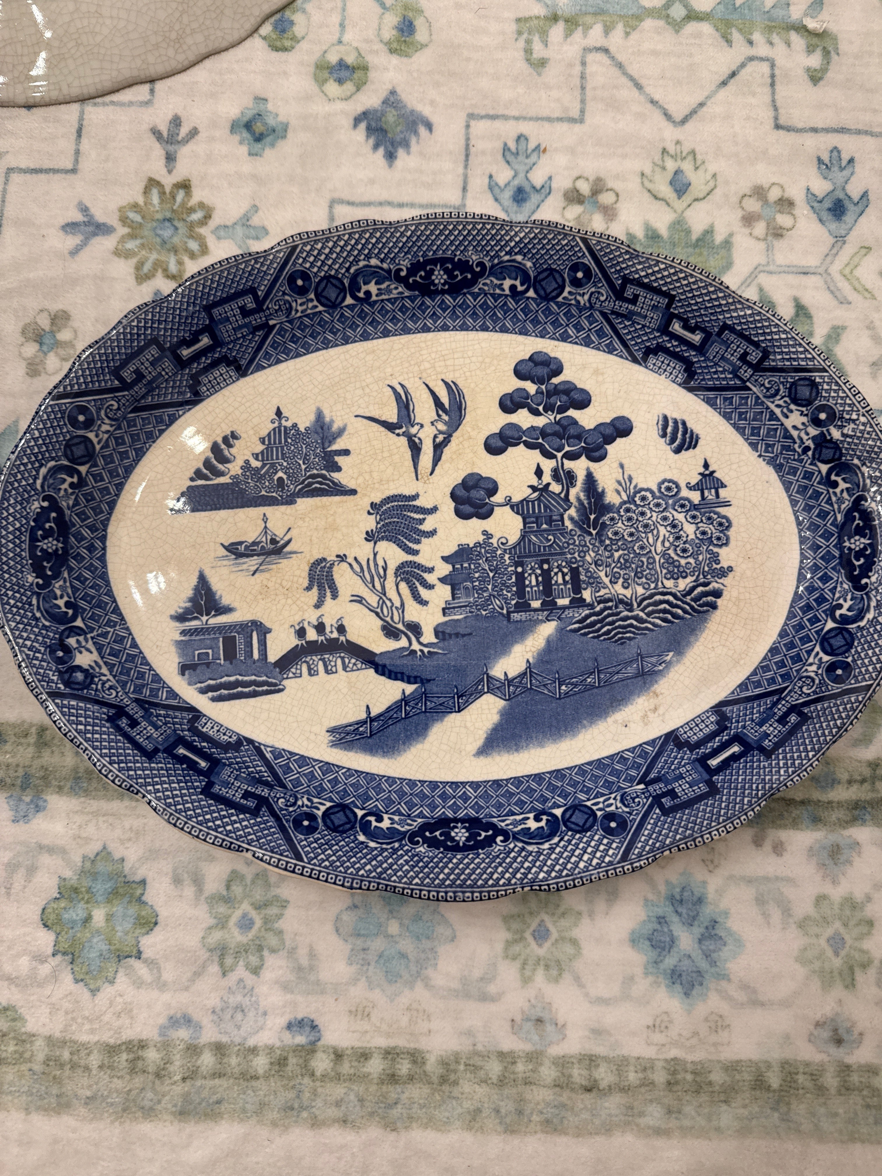 Buffalo Pottery “Blue Willow” Scalloped Platter - 12” x 9 - chips on back, staining and crazing