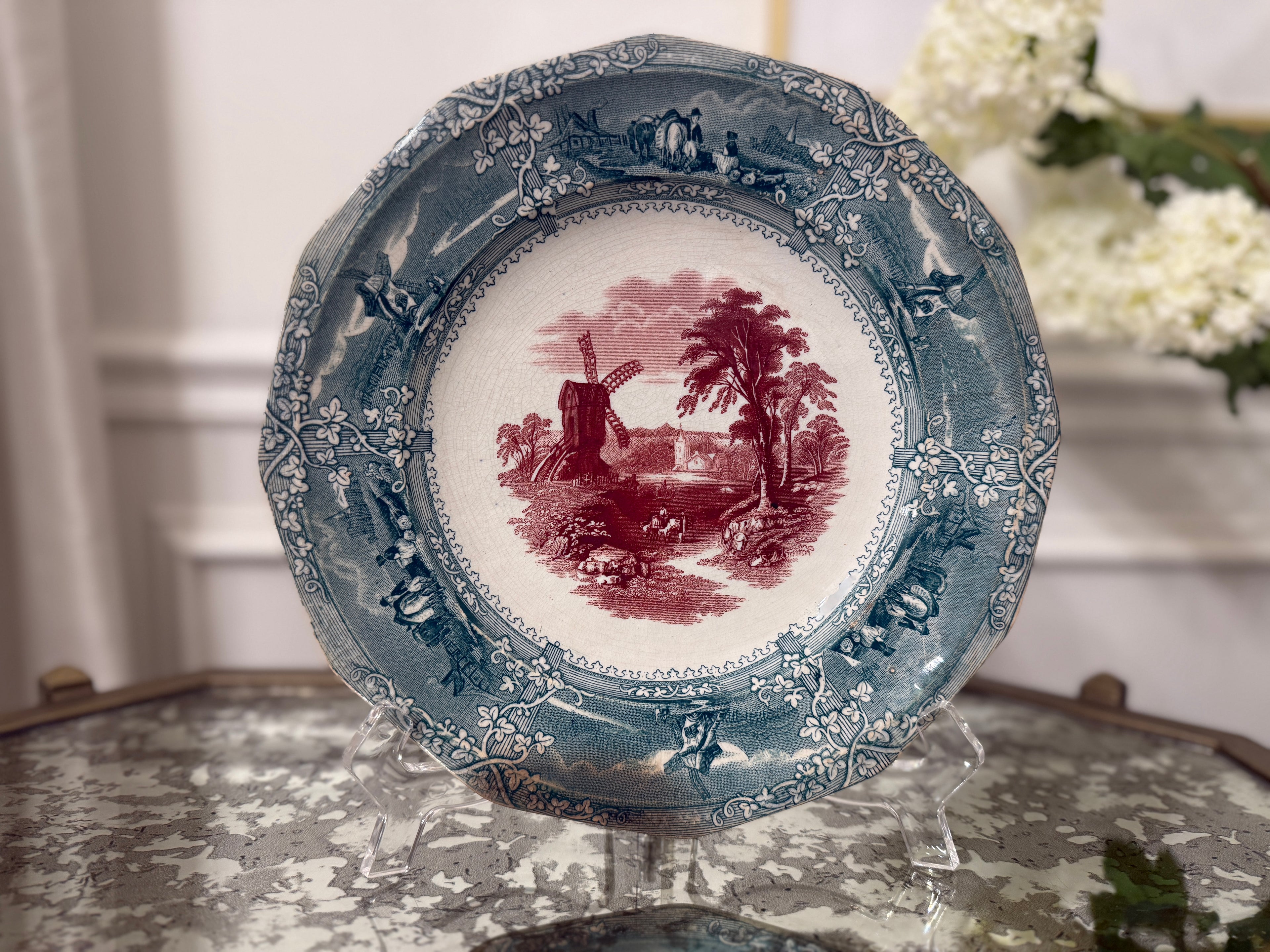 Antique Bi-Color “Eon” (Unmarked) Transferware 9.5” Plate - Stain at Bottom, Crazing