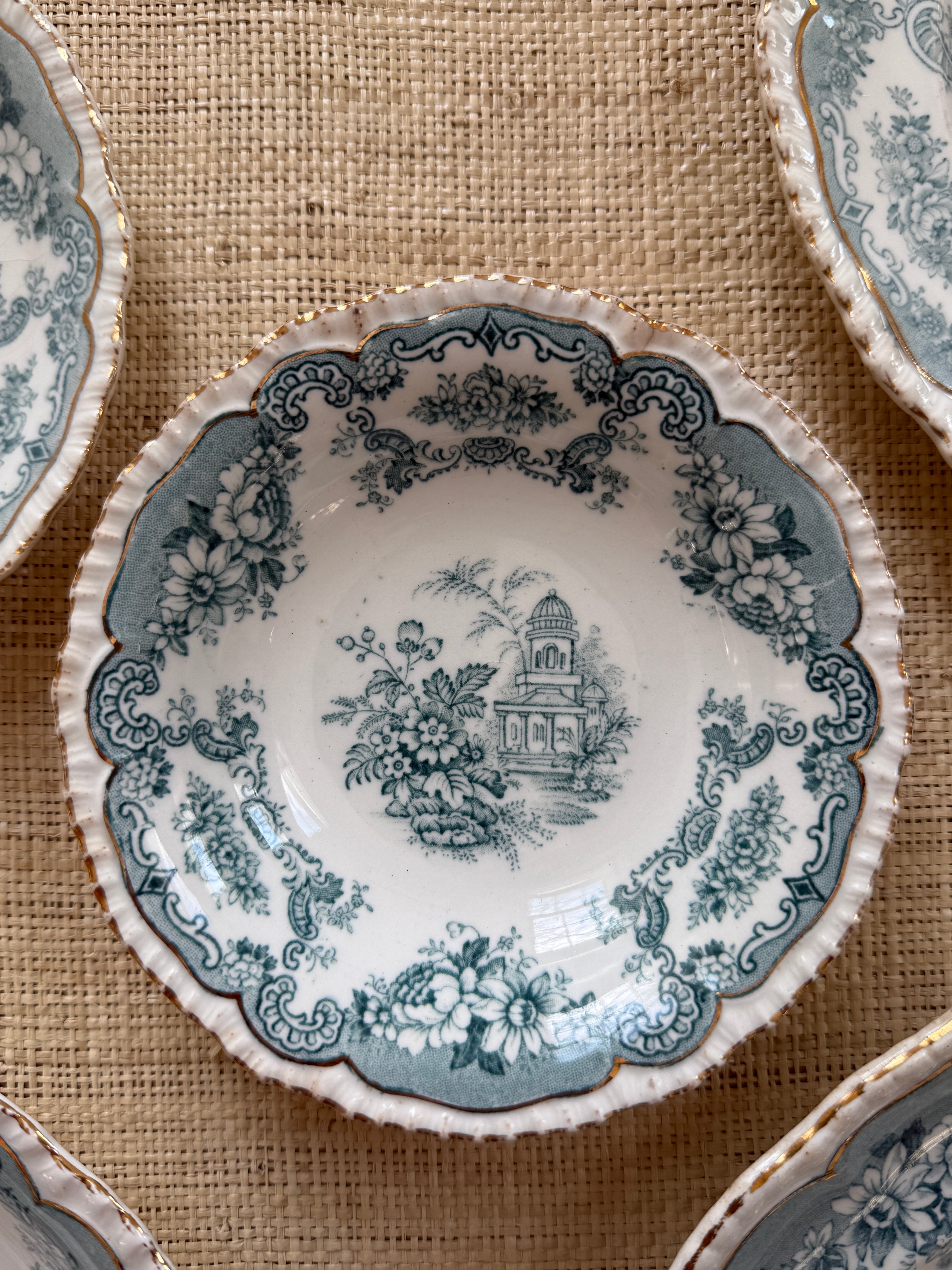 Antique John Maddock & Sons "Bombay" Blue Green Transferware Berry Bowl