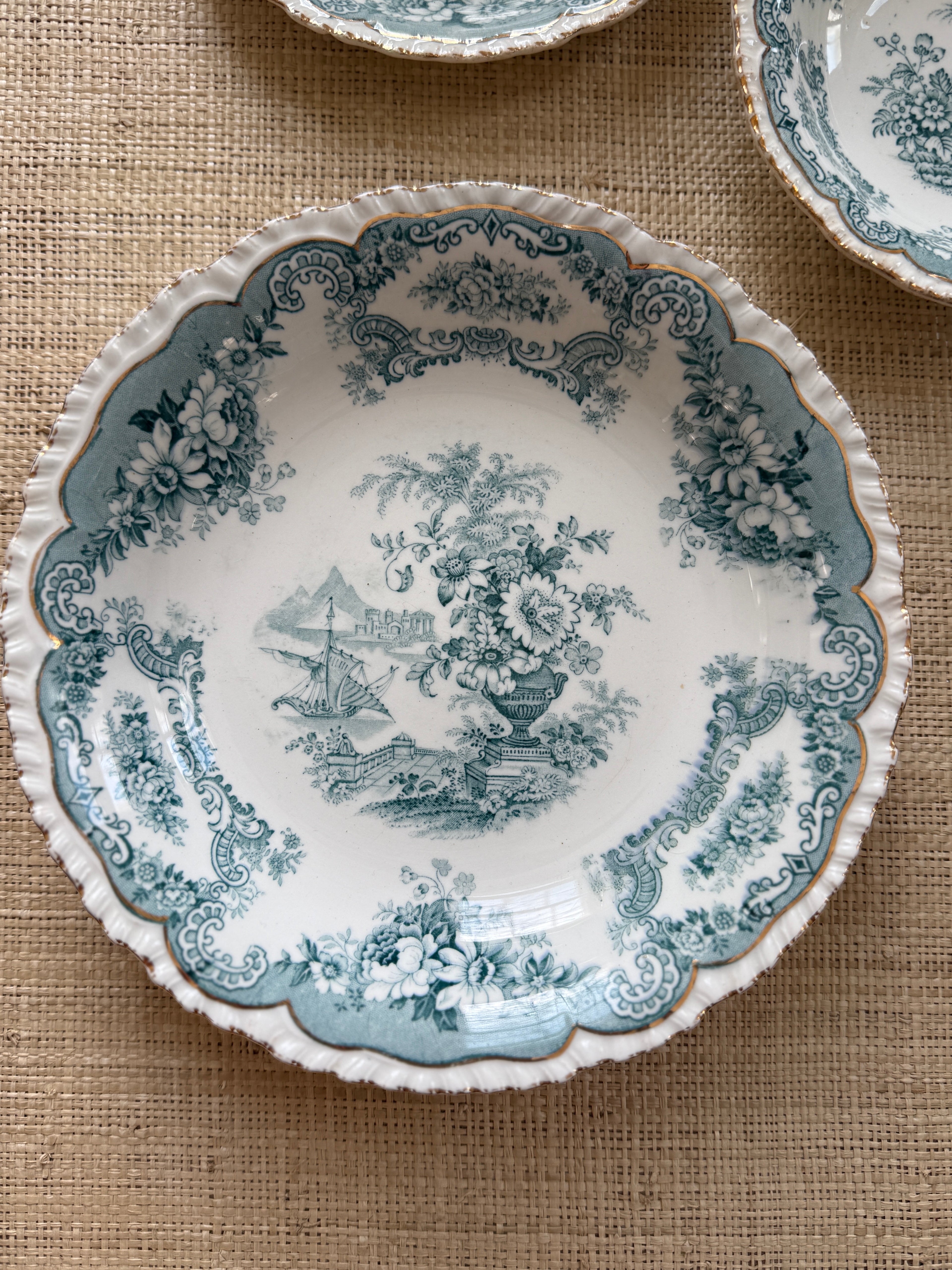 Antique John Maddock & Sons "Bombay" Blue Green Transferware Shallow Bowl
