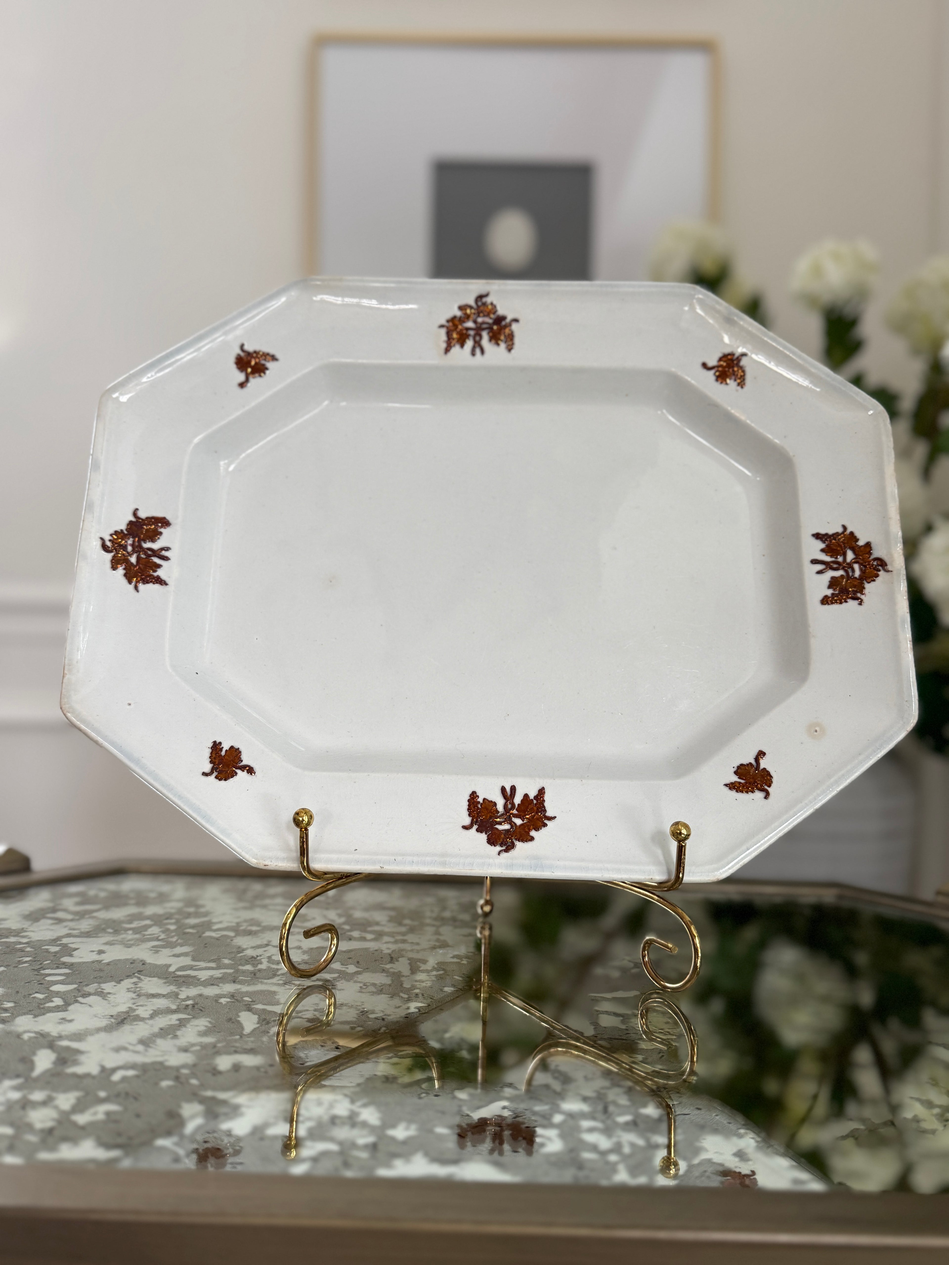 Antique White Ironstone 8-Sided Platter with Copper Luster Grapes (antique condition)