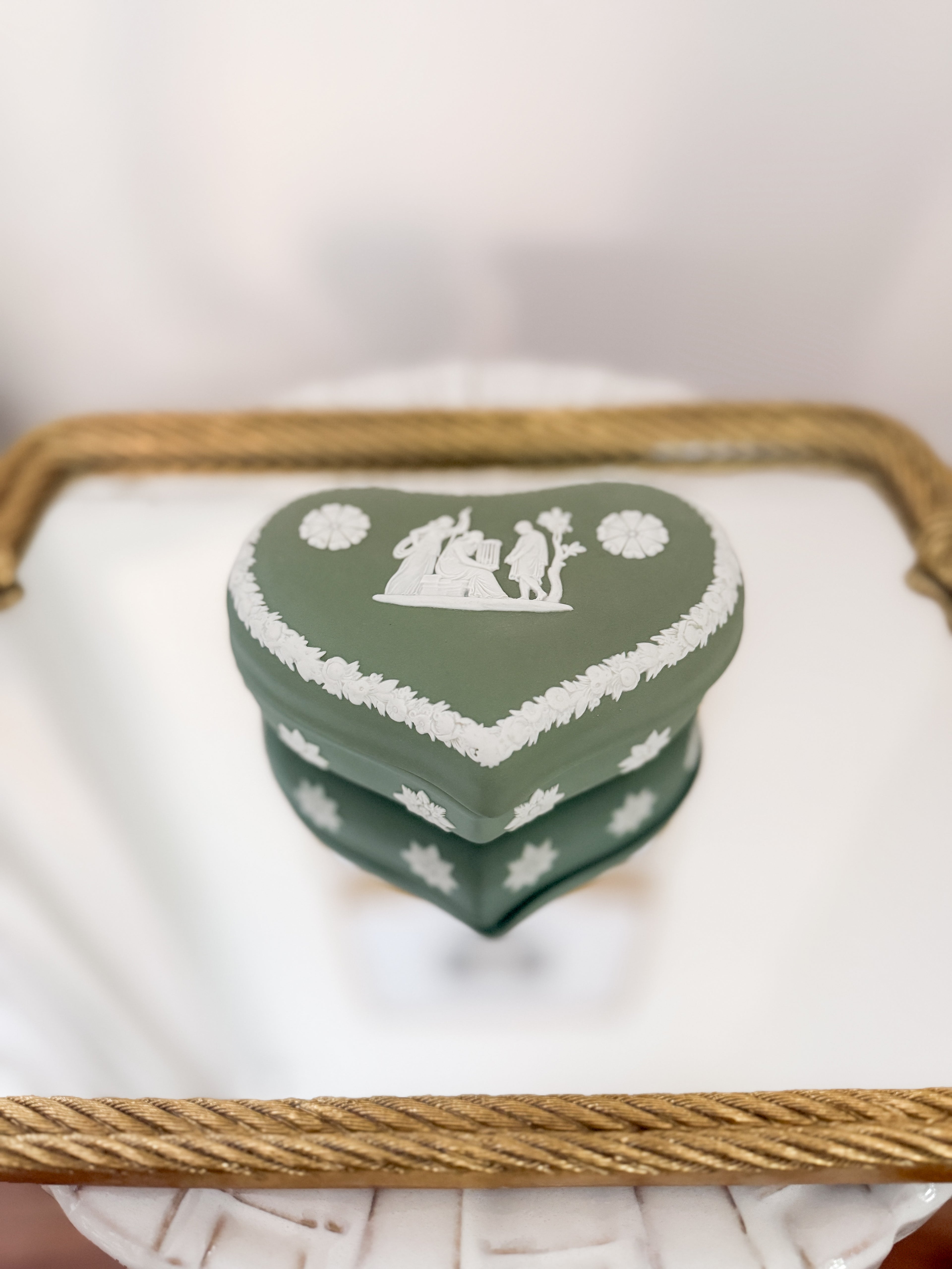 Vintage Sage Wedgwood Jasperware Heart Trinket Box, Large
