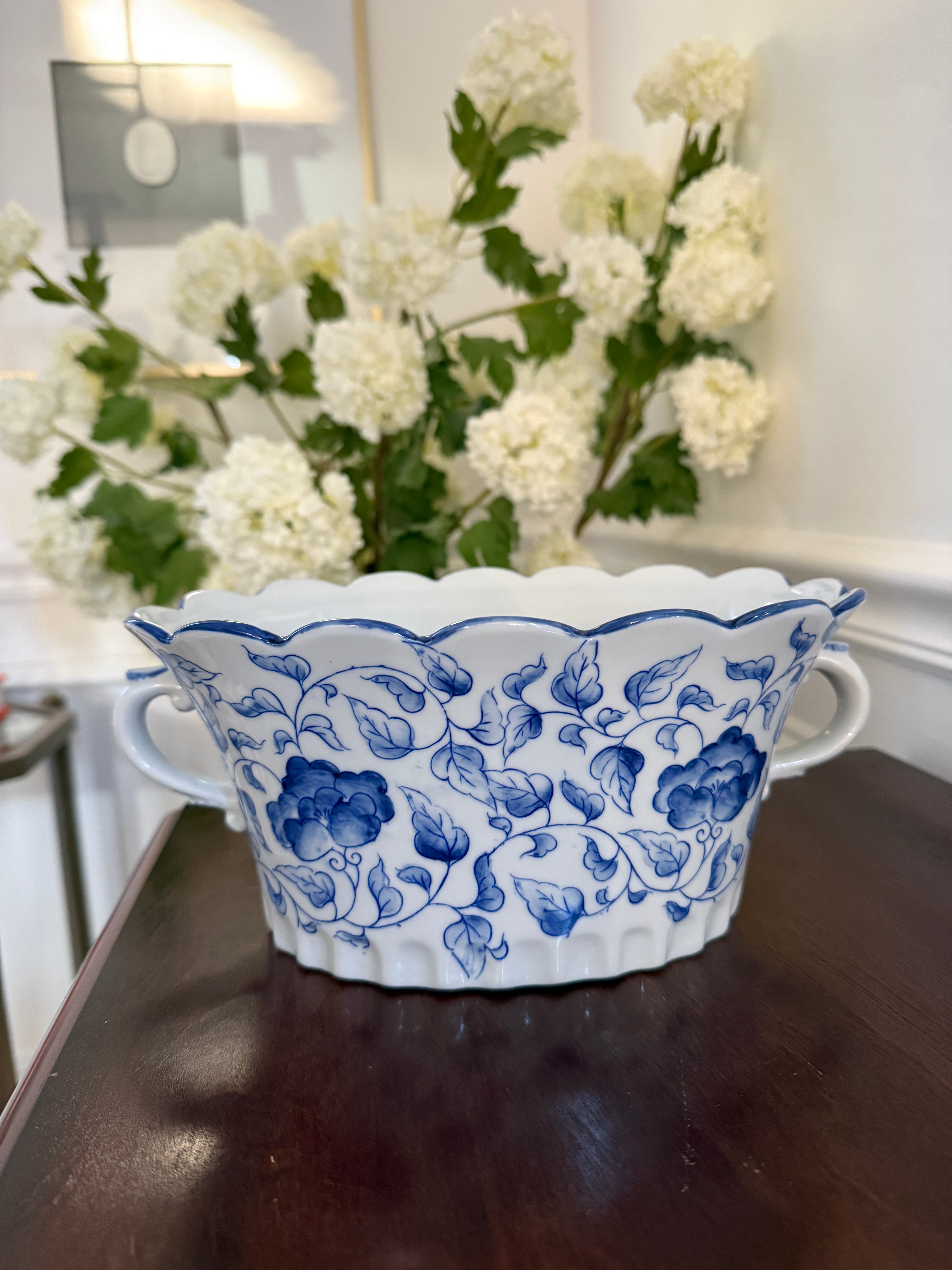 Blue and White Scalloped Jardinere with Handles