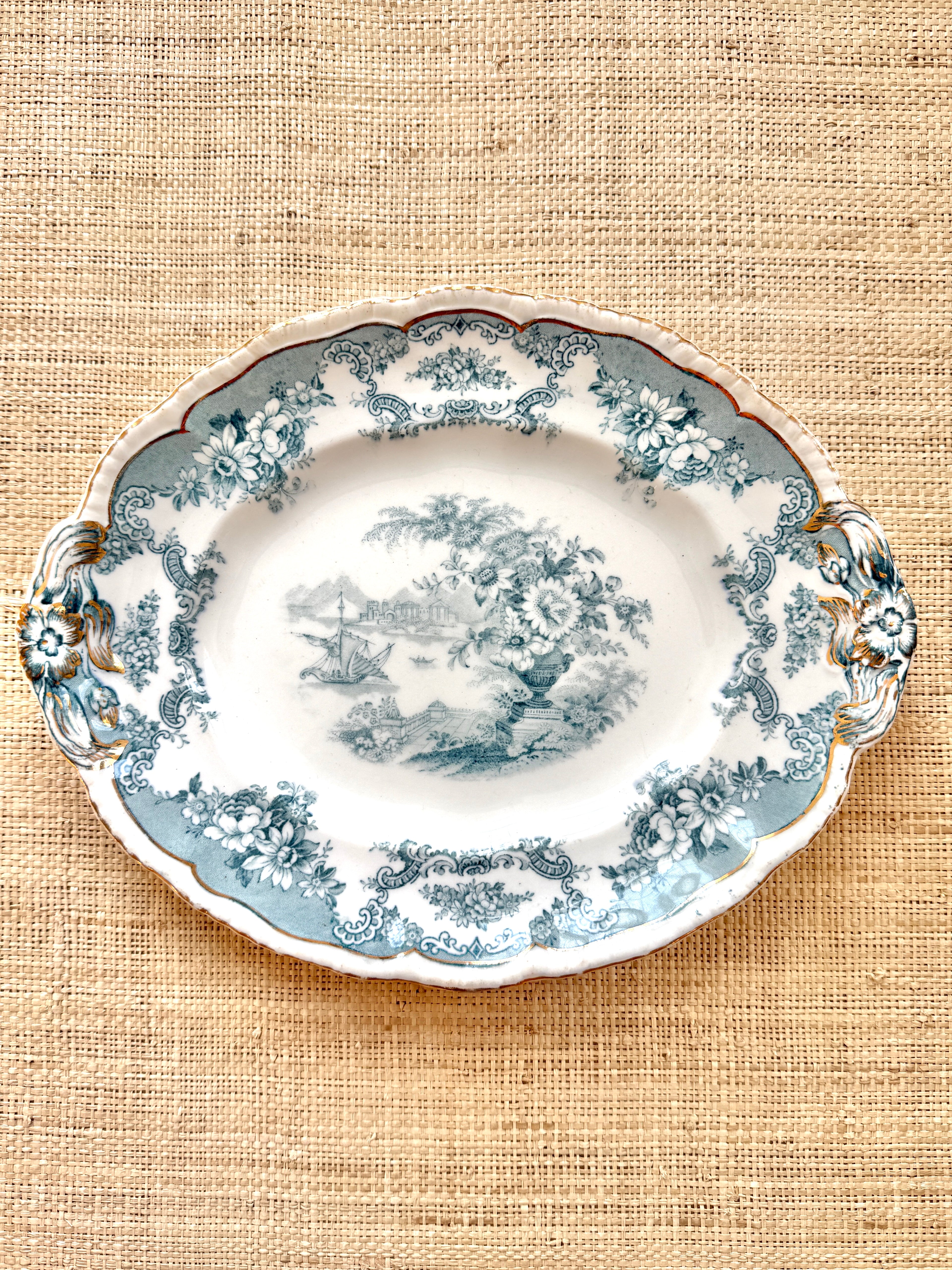 Antique John Maddock & Sons "Bombay" Blue Green Transferware Platter