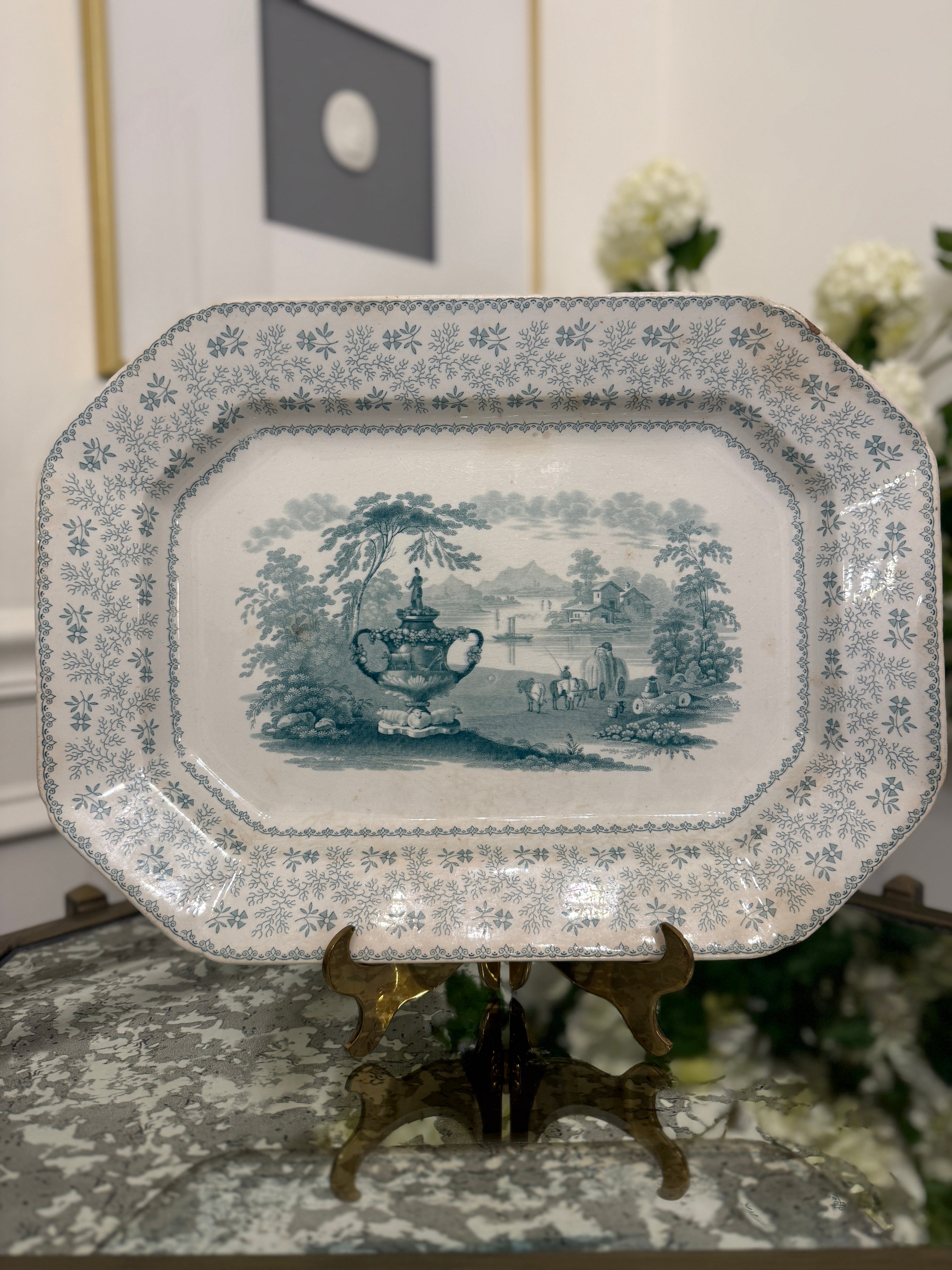 Antique Ridgway, Morley, Wear & Co "Agricultural Vase" 15" x 11" Teal Platter - mature chip