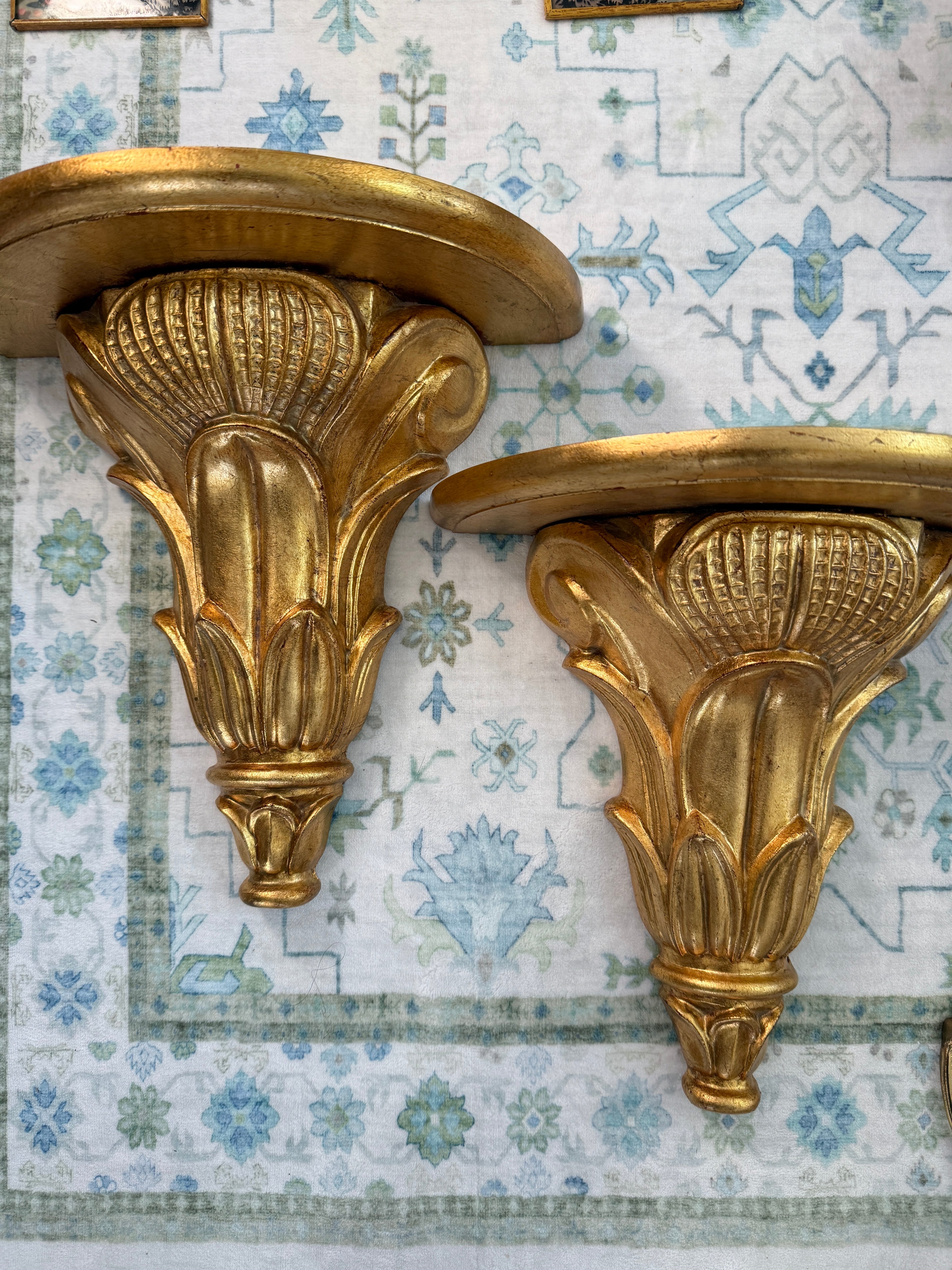 Vintage Italian Gilded Wood Acanthus Leaf Wall Shelf Pair - 11 1/2" H x 12" W x 6 1/8" D