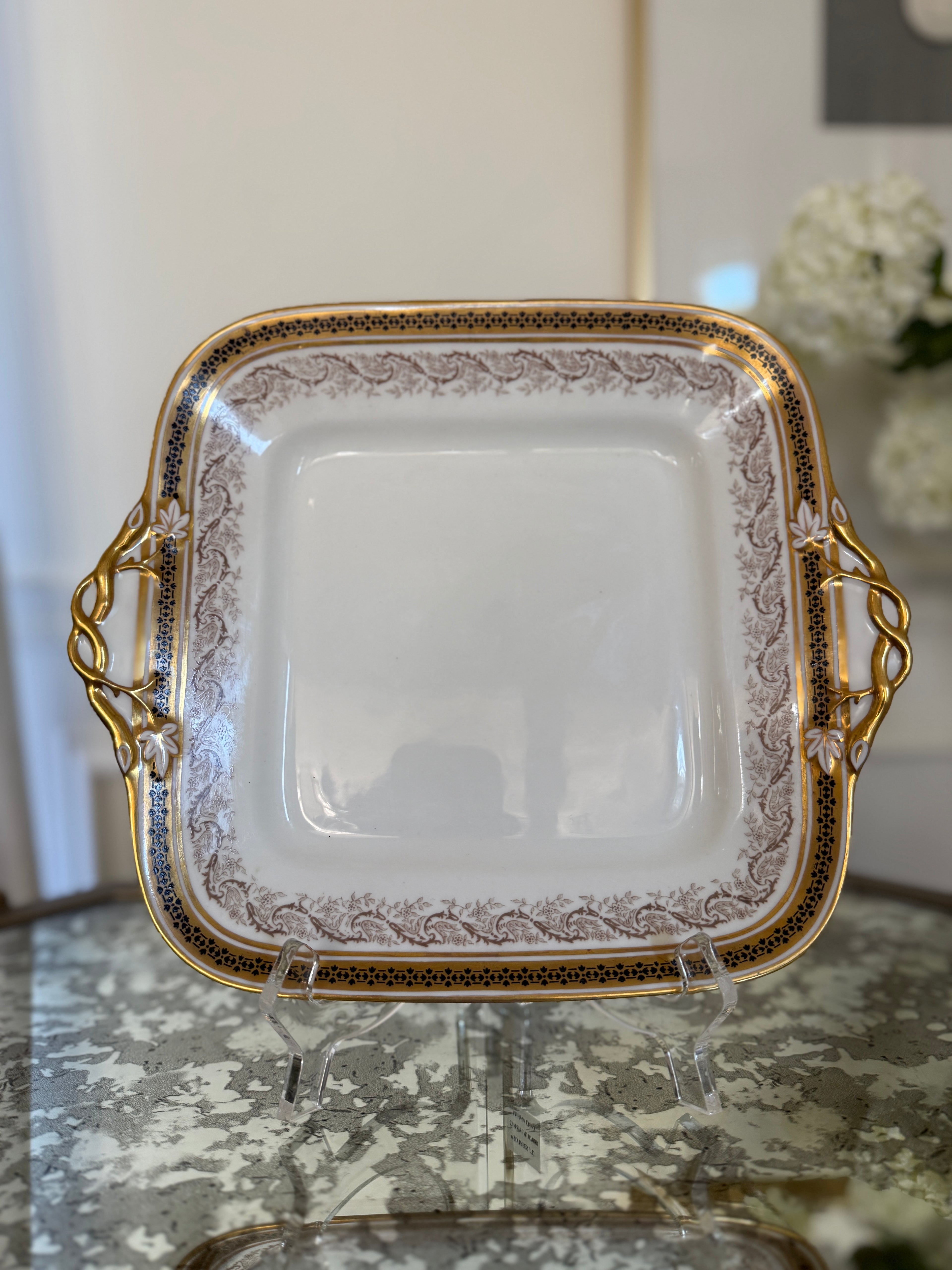 Antique Wedgwood Gold and Black Cake Plate - 11” x 9.25”