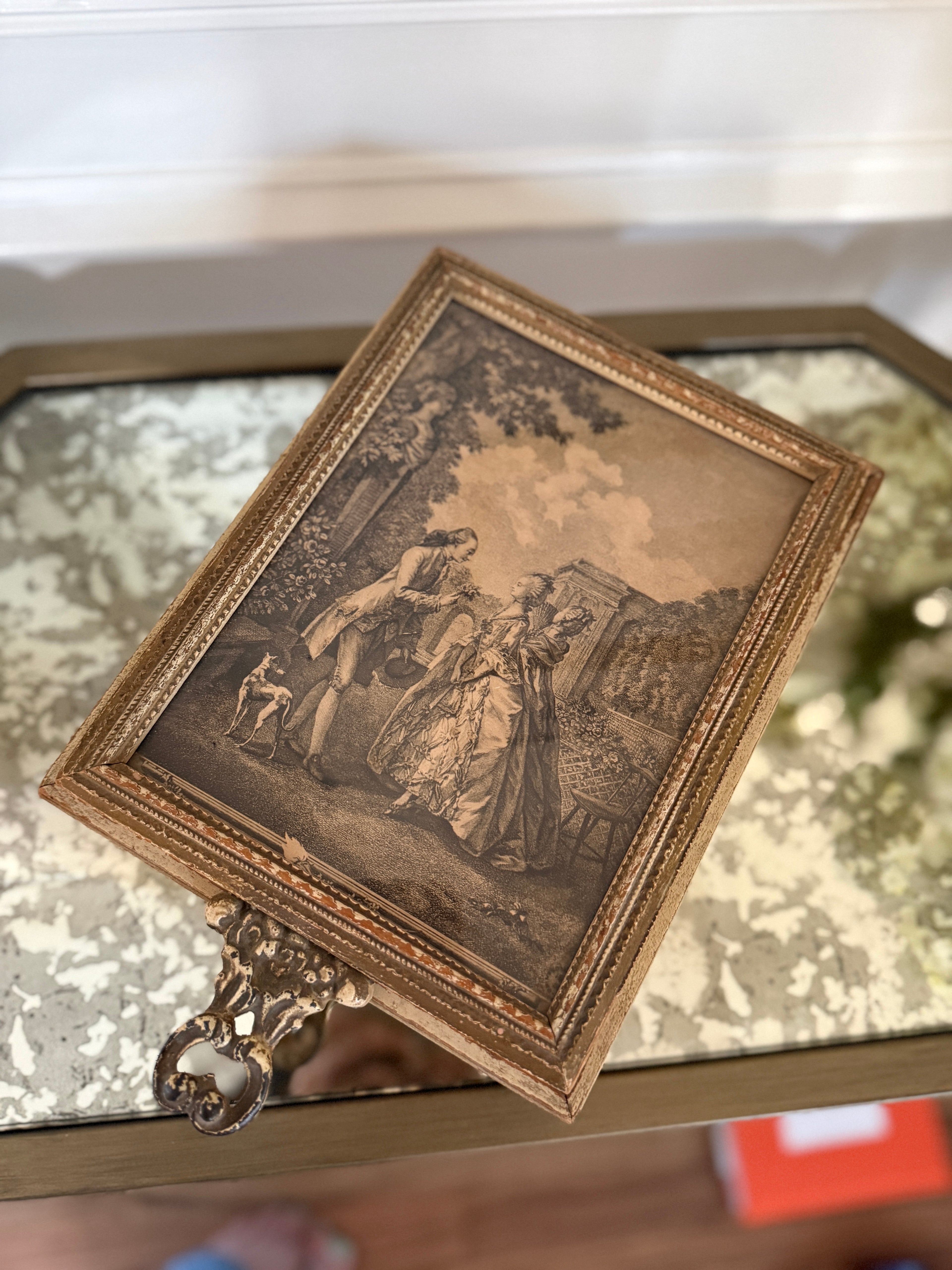 Antique Hand-Carved Dresser Box with Lithograph Handled Mirror