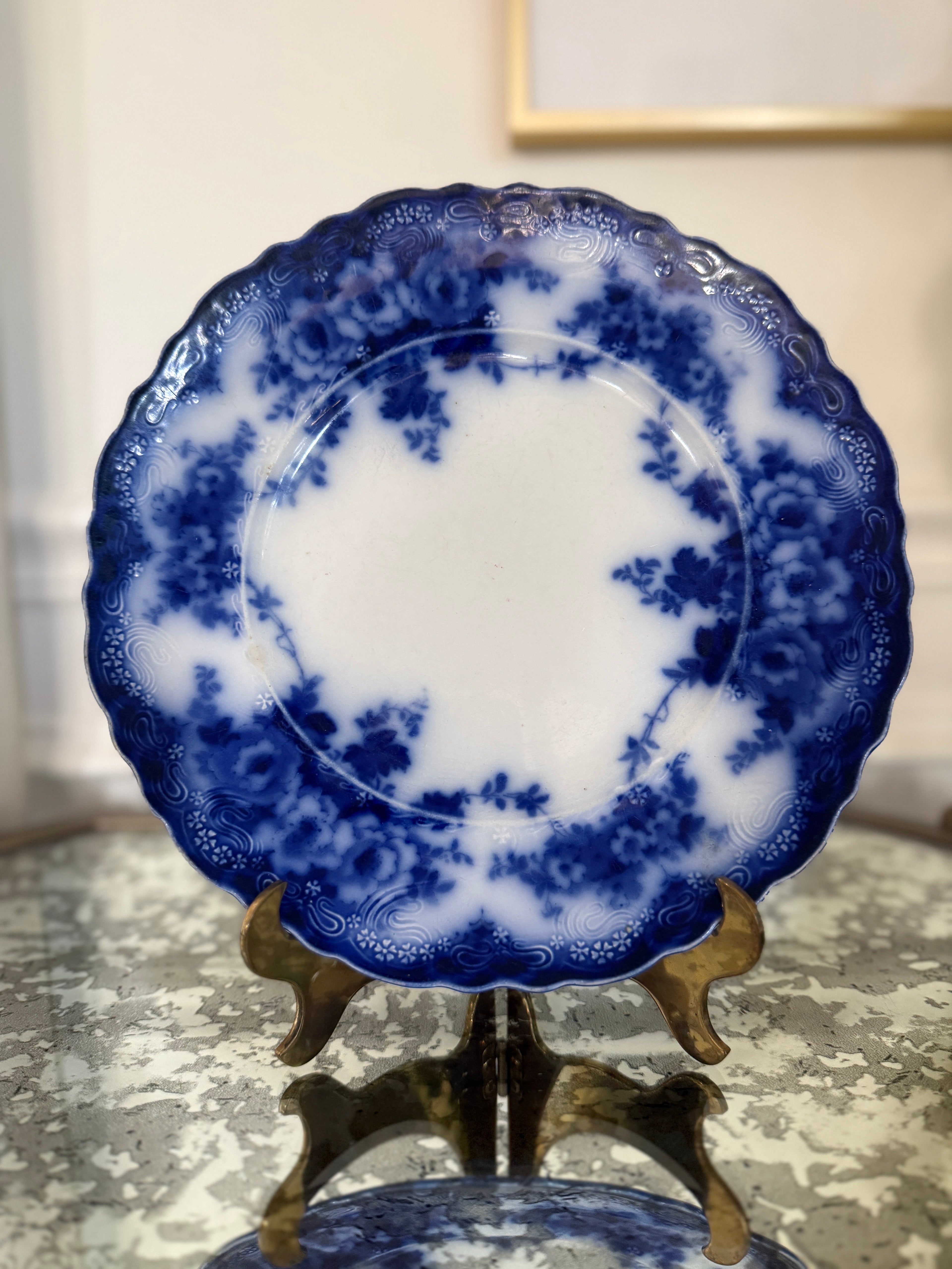 Antique Alfred Meakin Ltd "Devon" Flow Blue Floral Plate - 10” - antique condition with staining, crazing, and utensil wear