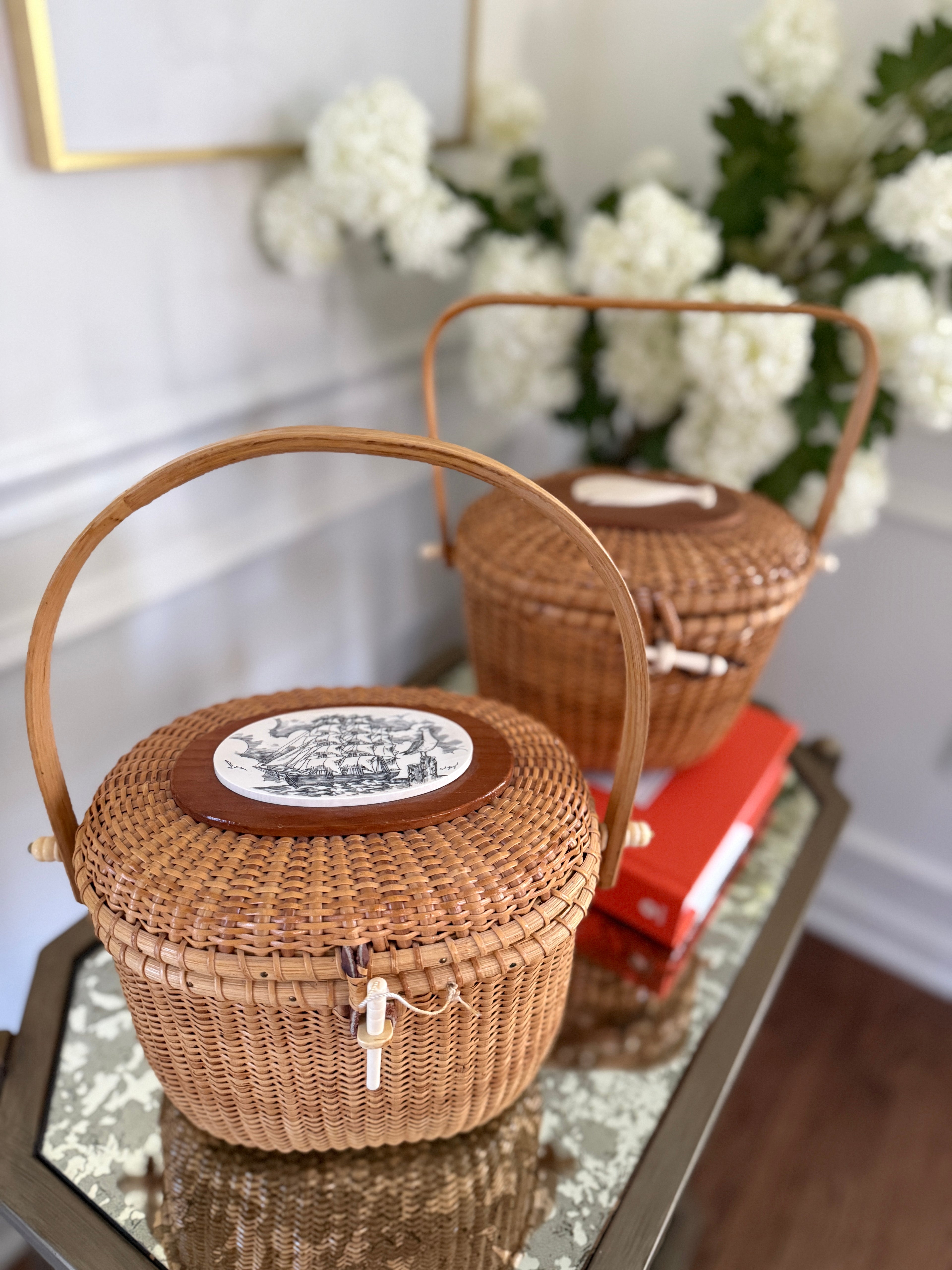 Signed “Carol Brooks” Vintage Nantucket Basket with Clipper Ship and Seagull Scrimshaw