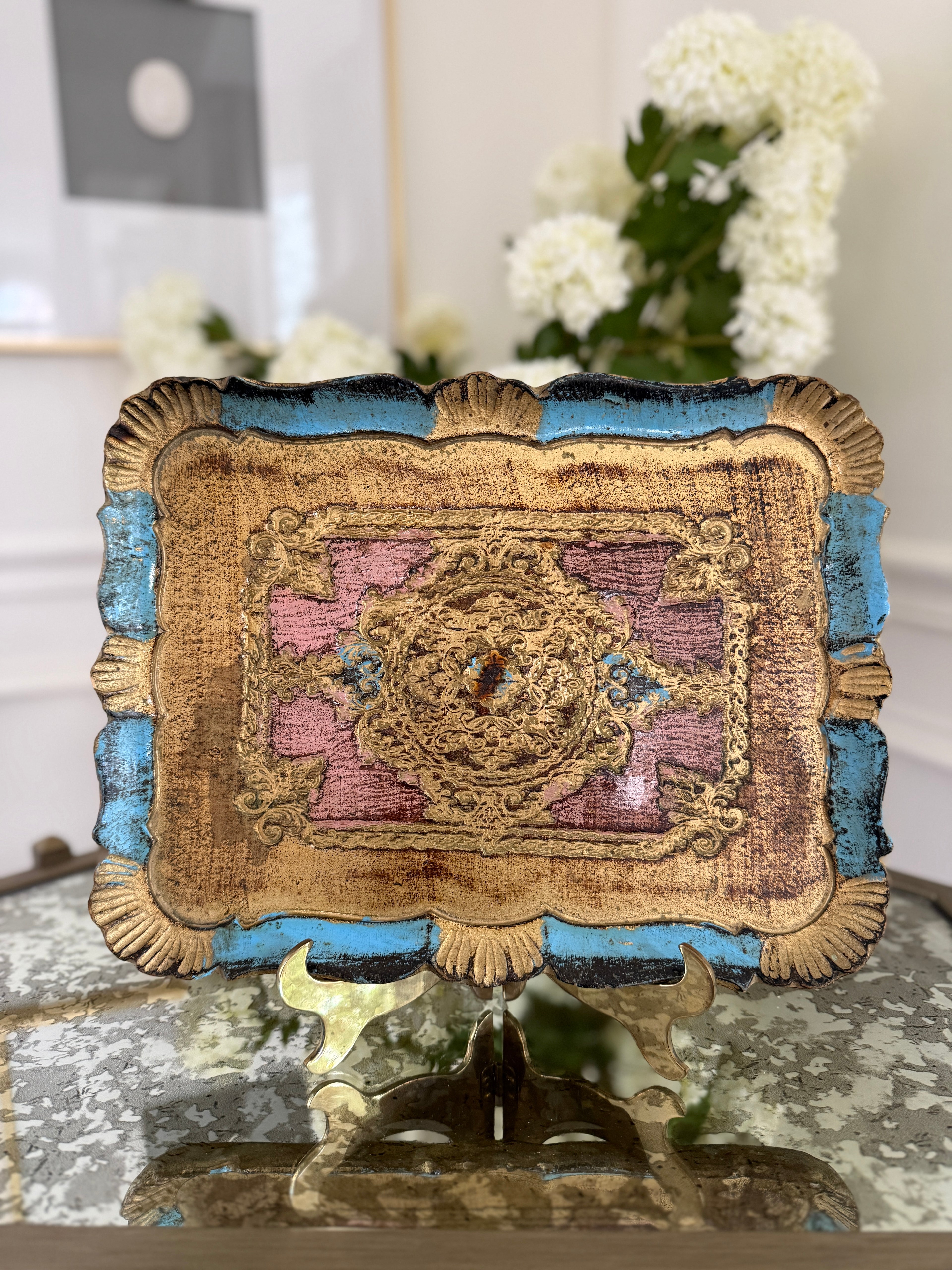 Pink and Blue Florentine Tray - marks and small crack - 12 1/4”W x 9 1/2”L