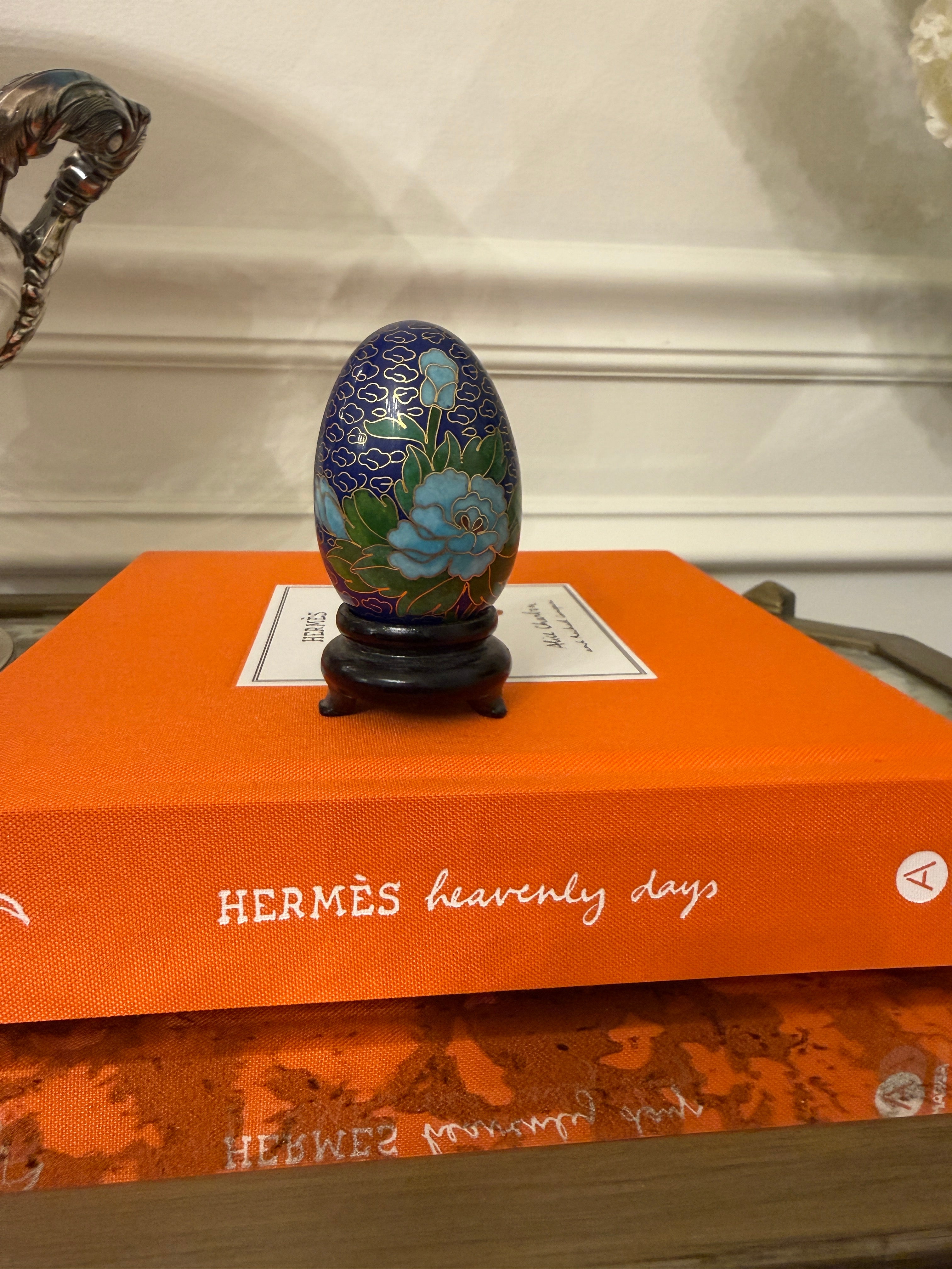 Vintage Cloisonné Floral Navy Egg with Stand