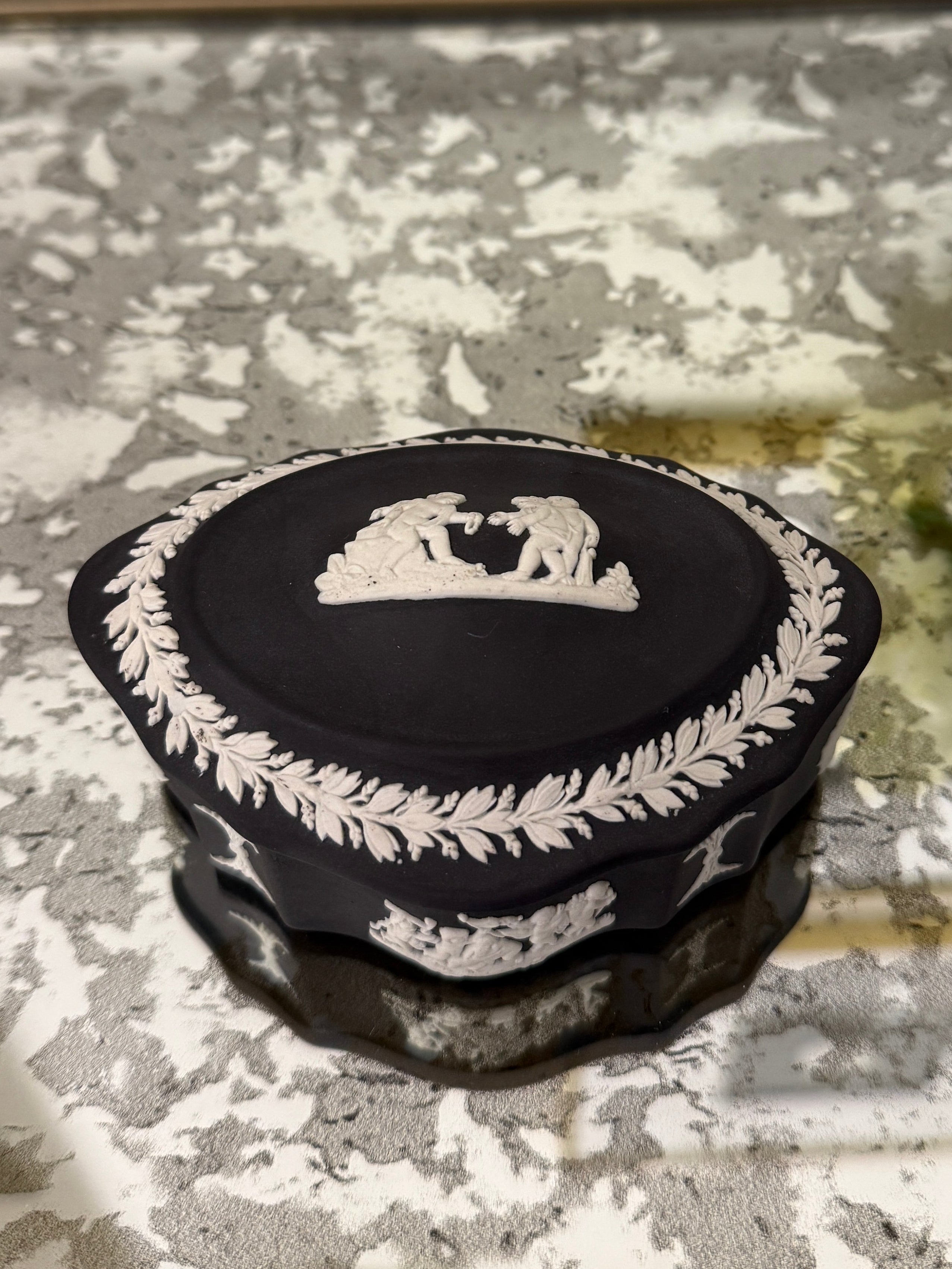 Wedgwood Jasperware Cream on Black Scalloped Oval Trinket Box