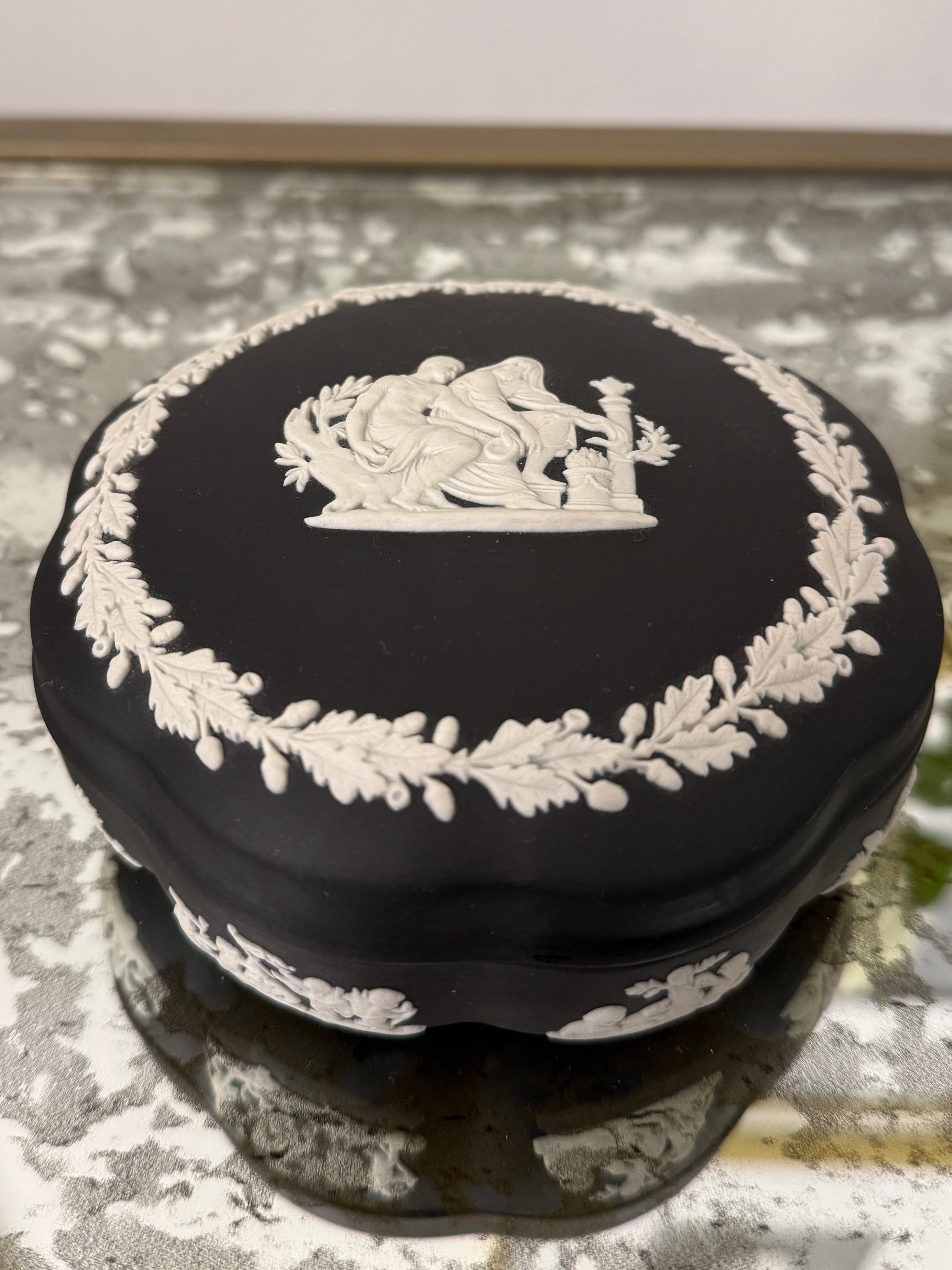 Wedgwood Cream on Black Scalloped Round Trinket Box