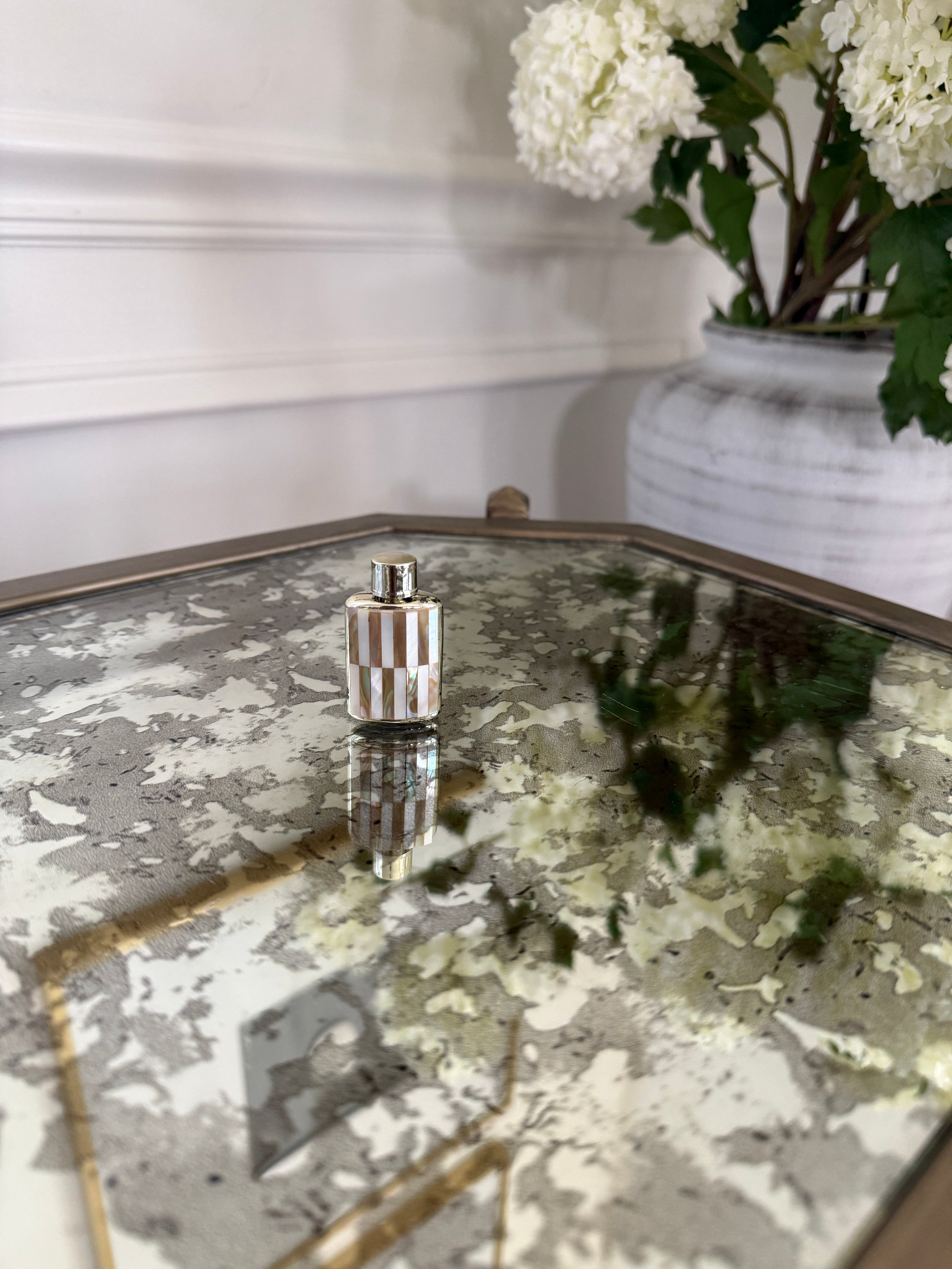 Mini Mother of Pearl Perfume Bottle - 1 3/4” H - some finish loss on back and sides