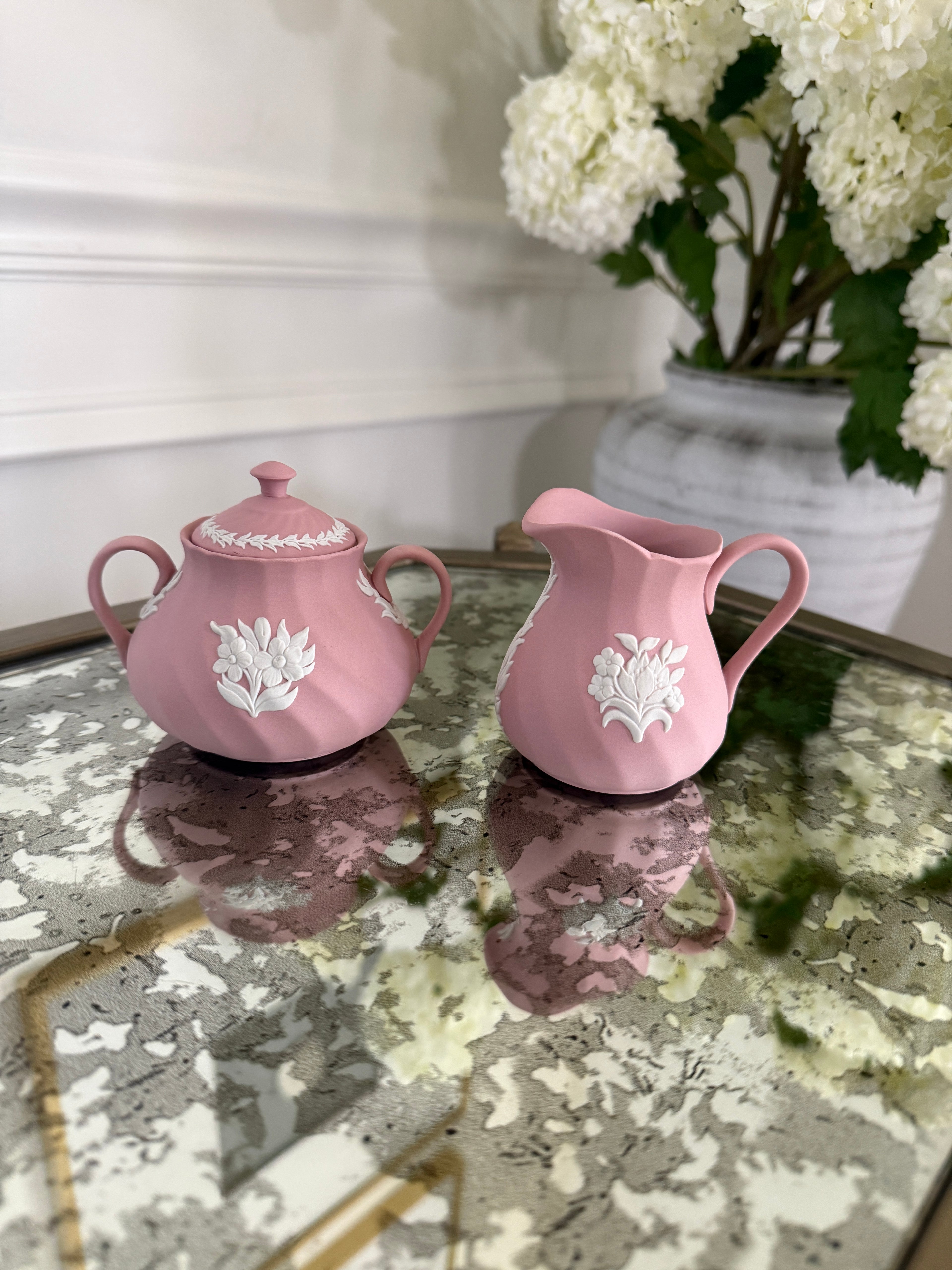 Vintage Wedgwood Pink Floral Creamer & Sugar Bowl Set