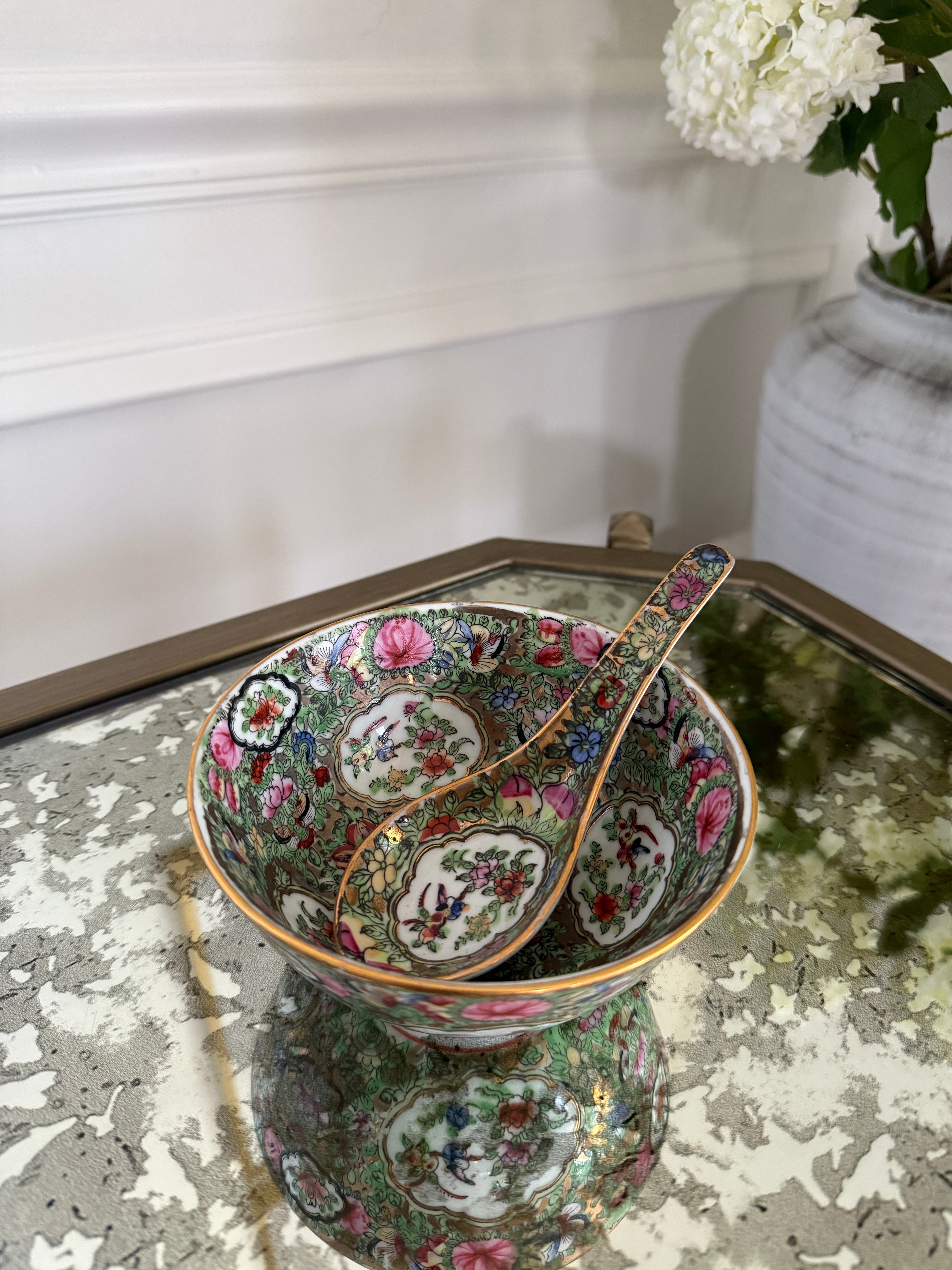 Rose Canton Bowl & Soup Spoon